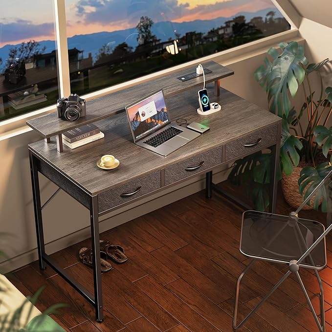 47 inch Computer Desk with 3 Drawers, Office Desk Gaming Desk with LED Lights & Power Outlets, Home Office Desks with Storage Space for Bedroom, Work from Home, Gray - LeafyLoom