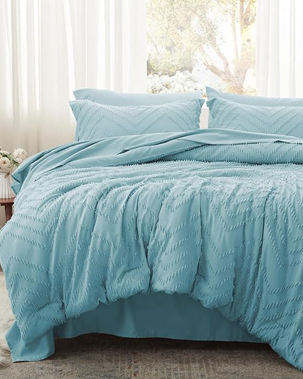 Anluoer Twin Comforter Set, Sky Blue Tufted Bed in a Bag 5 Pieces with comforters and sheets, All Season Bedding Sets with 1 Comforter, 1 PillowShams, 1 Pillowcases, 1 Flat Sheet, 1 Fitted Sheet - LeafyLoom