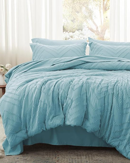Anluoer King Comforter Set, Sky Blue Tufted Bed in a Bag 7 Pieces with comforters and sheets, All Season Bedding Sets with 1 Comforter, 2 PillowShams, 2 Pillowcases, 1 Flat Sheet, 1 Fitted Sheet - LeafyLoom