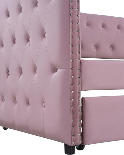 Twin Size Tufted Upholstered Daybed with Trundle, Solid Wood Velvet Bed with Rivet Design, No Box-spring Needed, for Living Room, Bedroom, Dorm, Space-Saving Design - LeafyLoom