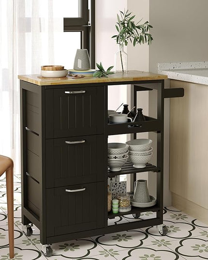 Usinso Kitchen Island Cart with 3 Tier Holder Kitchen Serving Carts Rolling Bar Cart Natural Solid Wood Top with 3 Tier Storage Drawer, Handle Racks, Caster Liquor Cart Suitable for Placing (Black) - LeafyLoom