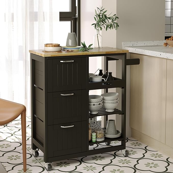 Usinso Kitchen Island Cart with 3 Tier Holder Kitchen Serving Carts Rolling Bar Cart Natural Solid Wood Top with 3 Tier Storage Drawer, Handle Racks, Caster Liquor Cart Suitable for Placing (Black) - LeafyLoom