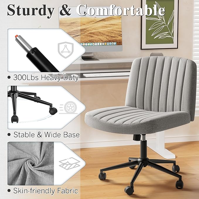 Criss Cross Legged Chair with Wheels, Armless Swivel Wide Padded Height Adjustable Fabric Home Office, Light Grey - LeafyLoom