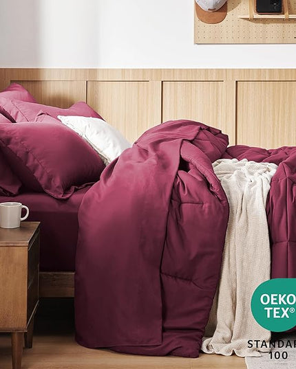 Bedsure Burgundy King Size Comforter Set - 7 Pieces Solid King Bed in a Bag, King Bed Set Burgundy with Comforters, Sheets, Pillowcases & Shams - LeafyLoom
