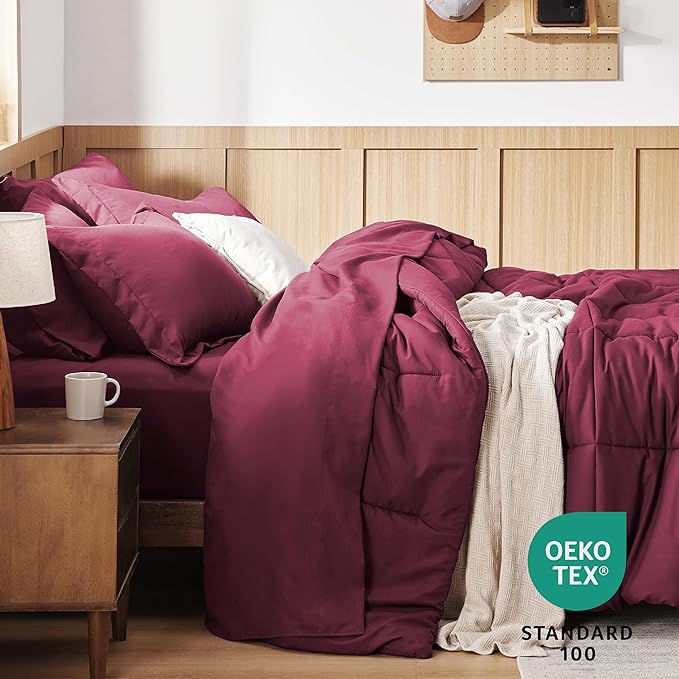 Bedsure Burgundy King Size Comforter Set - 7 Pieces Solid King Bed in a Bag, King Bed Set Burgundy with Comforters, Sheets, Pillowcases & Shams - LeafyLoom