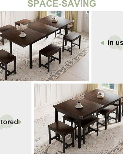 Feonase 7-Piece Dining Table Set with 6 Stools, 63" Large Extendable Kitchen Table Set for 4-8, Mid-Century Dining Room Table with Heavy-Duty Frame, Easy Assembly, Espresso - LeafyLoom