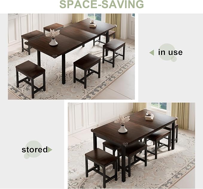 Feonase 7-Piece Dining Table Set with 6 Stools, 63" Large Extendable Kitchen Table Set for 4-8, Mid-Century Dining Room Table with Heavy-Duty Frame, Easy Assembly, Espresso - LeafyLoom