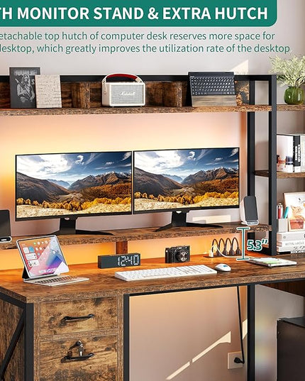 YITAHOME Computer Desk with Drawers & Power Outlets, File Drawers with Lock, 59" Home Office Desk with Storage Shelves & Monitor Stand, Gaming Desk with LED Lights & Hutch, Rustic Brown - LeafyLoom