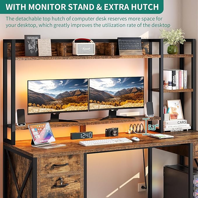 YITAHOME Computer Desk with Drawers & Power Outlets, File Drawers with Lock, 59" Home Office Desk with Storage Shelves & Monitor Stand, Gaming Desk with LED Lights & Hutch, Rustic Brown - LeafyLoom