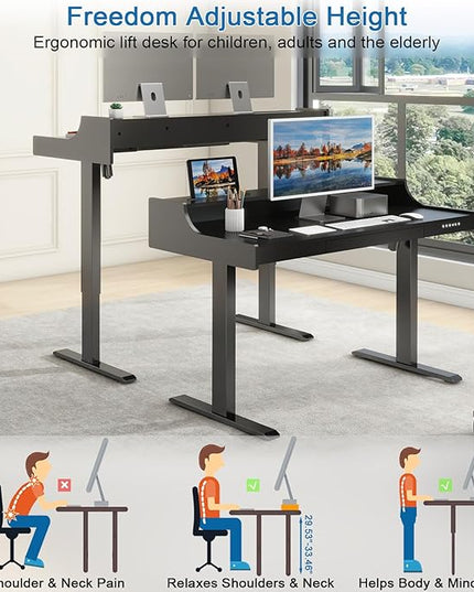 Vabches Standing Desk with Charging Station and LED Lights Adjustable Standing Desk with Drawer, Electric Adjustable Height Desk with Monitor Stand Sit Stand Home Office Desk, Black - LeafyLoom