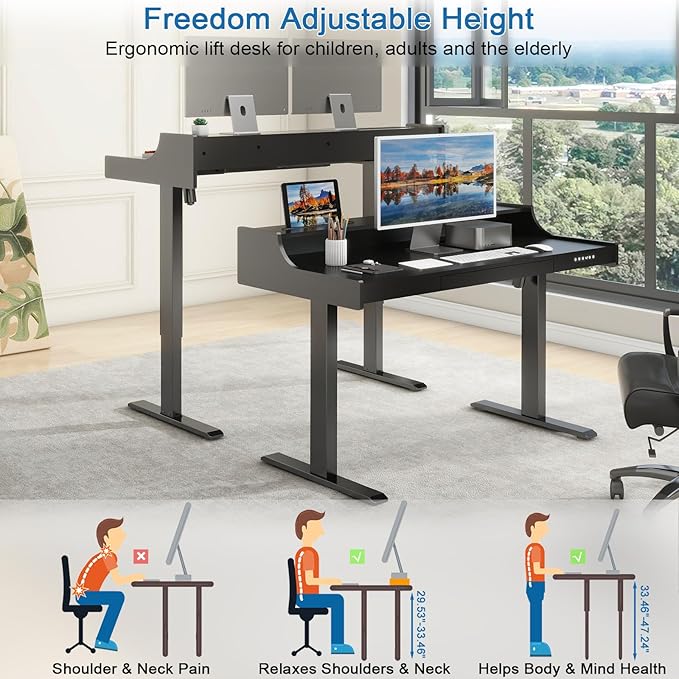 Vabches Standing Desk with Charging Station and LED Lights Adjustable Standing Desk with Drawer, Electric Adjustable Height Desk with Monitor Stand Sit Stand Home Office Desk, Black - LeafyLoom