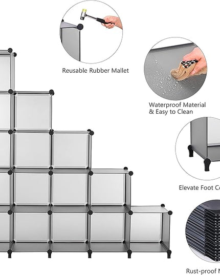 ANWBROAD Cube Storage Organizer, 16-Cube Cubby Shelving Book Shelf Living Room, Closet Clothes organizers, Kids Toys Craft Yarn Storage with Rubber Hammer for Bedroom Office Gray ULCS016H - LeafyLoom