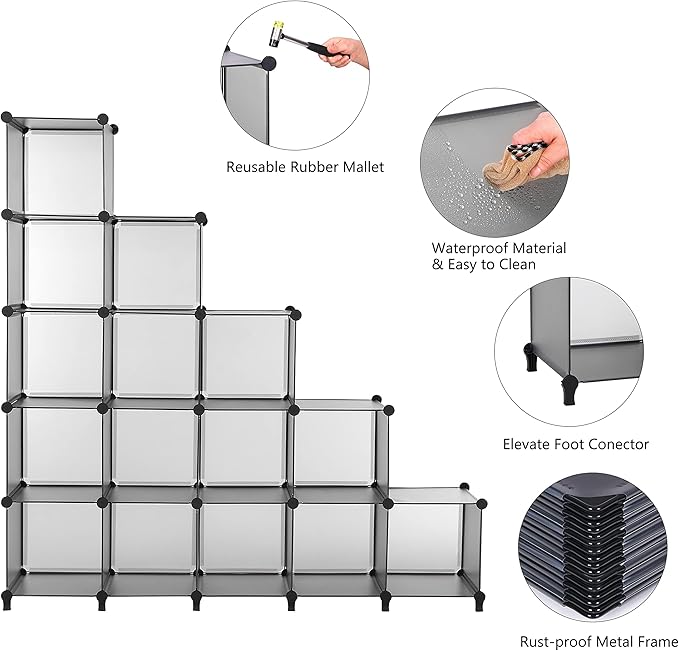ANWBROAD Cube Storage Organizer, 16-Cube Cubby Shelving Book Shelf Living Room, Closet Clothes organizers, Kids Toys Craft Yarn Storage with Rubber Hammer for Bedroom Office Gray ULCS016H - LeafyLoom