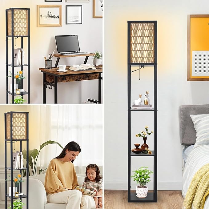 Floor Lamp with Shelves, Corner Floor Lamps for Living Room, Boho Floor Lamp with LED Bulb & Double Shades, Rattan Standing Lamp for Bedroom Office, Shelf Tall Lamp for Storage Display, Home Decor - LeafyLoom