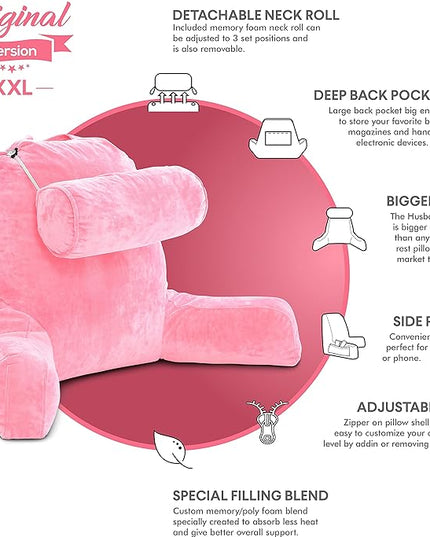 Husband Pillow XXL Pink Backrest with Arms, Adult Reading Pillow with Shredded Memory Foam, Ultra-Comfy Removable Microplush Cover & Detachable Neck Roll, Unmatched Support for Bed Rest Sit Up Pillow - LeafyLoom