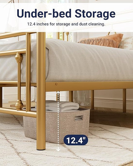 Allewie King Size Metal Platform Bed Frame with Victorian Vintage Headboard and Footboard/Mattress Foundation/Under Bed Storage/No Box Spring Needed/Noise-Free/Easy Assembly, Gold - LeafyLoom