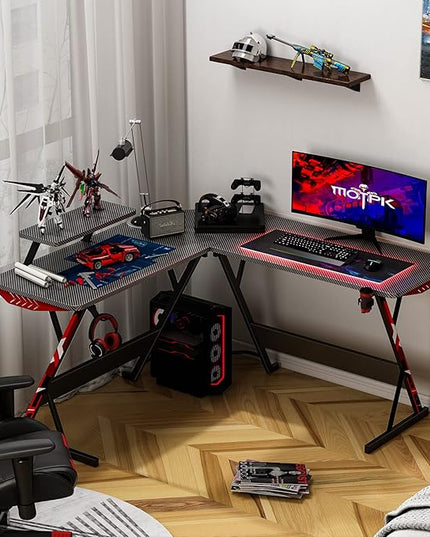 MOTPK L Shaped Gaming Desk with Carbon Fiber Surface, Corner Computer Desk L Shape with Monitor Shelf, Gamer Desk Gaming Table with Cup Holder & Headphone Hook, Black, 51 Inch - LeafyLoom