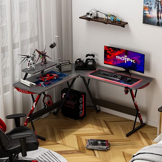 MOTPK L Shaped Gaming Desk with Carbon Fiber Surface, Corner Computer Desk L Shape with Monitor Shelf, Gamer Desk Gaming Table with Cup Holder & Headphone Hook, Black, 51 Inch - LeafyLoom