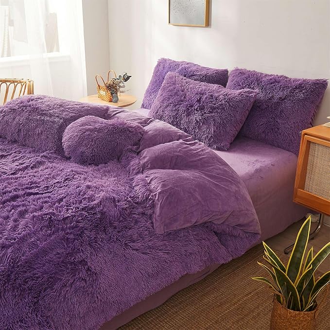 Fluffy dark purple comforters Cover twin size - Ultra Soft Plush red bedding Sets 2 Pieces (1 faux fur comforter Cover + 1 fuzzy pillow case) girls shaggy purple twin bed set (Dark purple, Twin) - LeafyLoom