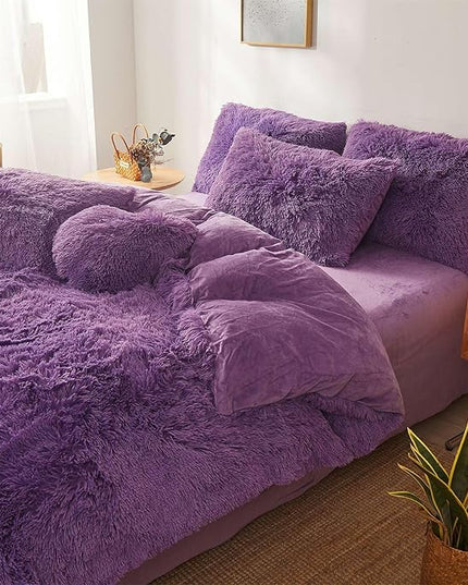 FOPPA Dark Purple fluffy Comforter Cover Set king- Ultra Soft fluffy Purple Bedding Sets 3 Pieces (1 Duvet Cover + 2 Pillow case) pink fluffy bed set (Dark Purple, King) - LeafyLoom