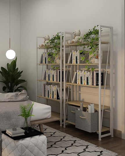4NM No-Assembly Folding Bookshelf Storage Shelves 5 Tiers Vintage Bookcase Standing Racks Study Organizer Home Office (Natural and White) - LeafyLoom