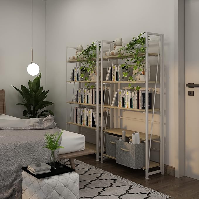 4NM No-Assembly Folding Bookshelf Storage Shelves 5 Tiers Vintage Bookcase Standing Racks Study Organizer Home Office (Natural and White) - LeafyLoom