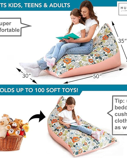 Stuffed Animal Bean Bag Storage - Machine Washable Bean Bag Chair for Kids - Extra Large Cover for Stuffing with Plush Toys, Pillows, Soft Items - Stuffed Animal Holder for Boys & Girls - Boho Floral - LeafyLoom