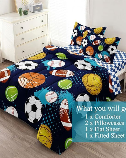 Kids Boys Comforter Set Full Bed in a Bag w/Sheet Sets, Blue Full Bedding Sets for Teens Soccer Basketball Baseball Football Sports Themed Bedroom Decor Reversible Design - LeafyLoom