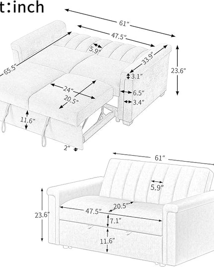3 in 1 Oversized Convertible Loveseat Sleeper Sofa Bed,Contemporary Channel Tufted Love Seats Sofabed W/Pull Out Sleep Couch,Thicker Cushions and Padded Armrests for Living Room, 61", Beige-368 - LeafyLoom