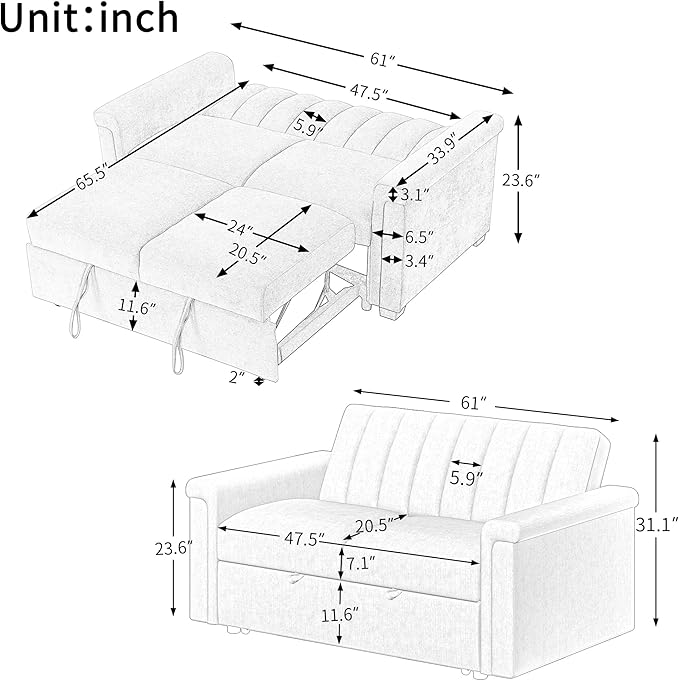 3 in 1 Oversized Convertible Loveseat Sleeper Sofa Bed,Contemporary Channel Tufted Love Seats Sofabed W/Pull Out Sleep Couch,Thicker Cushions and Padded Armrests for Living Room, 61", Beige-368 - LeafyLoom