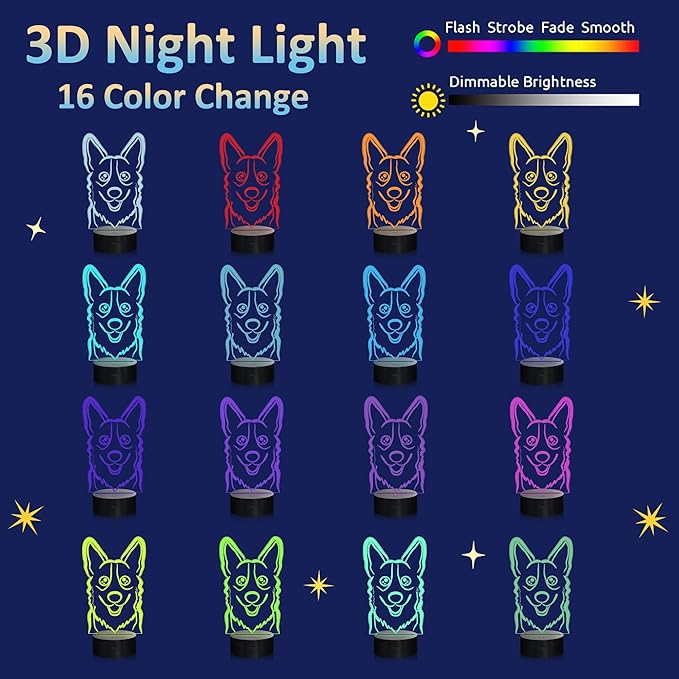 Attivolife Dog 3D Bedside Lamp, Corgi Illusion Optical Night Light, 16 Colors Changing Remote Control Dimmable LED Toy, Puppy Room Decor Cute Christmas Birthday Gift for Kids Baby Boy - LeafyLoom
