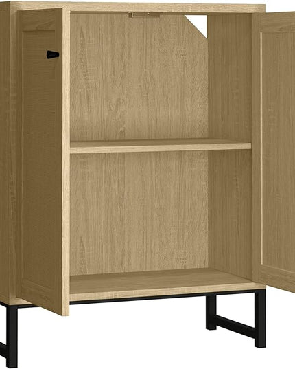 Panana Rattan Decorated 2 Doors Storage Cabinet Accent Cabinet Living Room Cupboard Kitchen Sideboard Buffet Table (Natural) - LeafyLoom