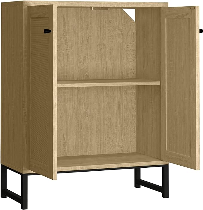 Panana Rattan Decorated 2 Doors Storage Cabinet Accent Cabinet Living Room Cupboard Kitchen Sideboard Buffet Table (Natural) - LeafyLoom