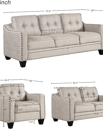 3 Piece Sofa Set Tufted Including 3-Seater Couch and Loveseat and Single Chair Linen Fabric Comfy Cushion Armchair, Furniture for Living, Apartment, Guest Room, 77.2inch, Beige-8 - LeafyLoom