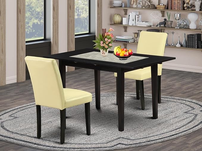 East West Furniture Norfolk 3 Piece Set Contains a Rectangle Dining Room Table with Butterfly leaf and 2 Eggnog Faux Leather Parson Chairs, 32x54 Inch, NOAB3-BLK-73 - LeafyLoom