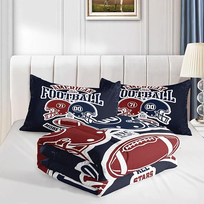 Datura home American Football Comforter Set Vintage Navy American Football Printed Quilt Bedding Set with 1 Comforter and 2 Pillowcases for Boys and Girls Bedroom All Season(Football Navy Full) - LeafyLoom