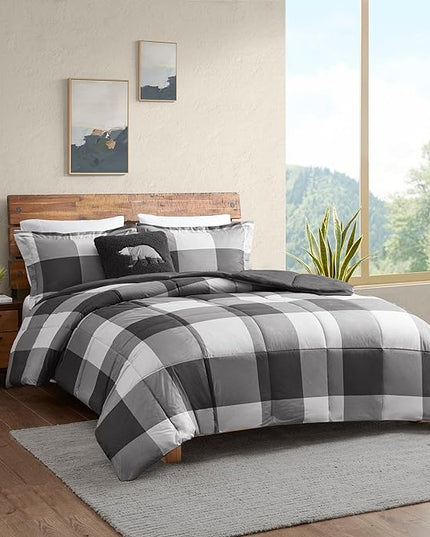 Woolrich Comforter Set, Cabin Lodge, Warm Cover for Colder Season, Modern Cottage-Inspired Down Alternative Ultra Soft Microfiber Bedding, Matching Sham, Plaid Grey/Black Twin 3 Piece - LeafyLoom