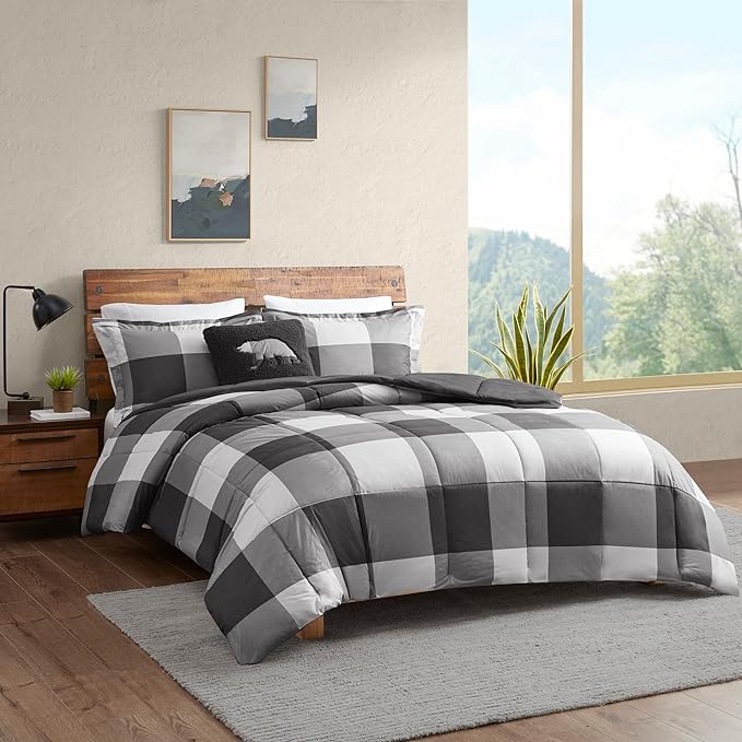 Woolrich Comforter Set, Cabin Lodge, Warm Cover for Colder Season, Modern Cottage-Inspired Down Alternative Ultra Soft Microfiber Bedding, Matching Sham, Plaid Grey/Black Twin 3 Piece - LeafyLoom