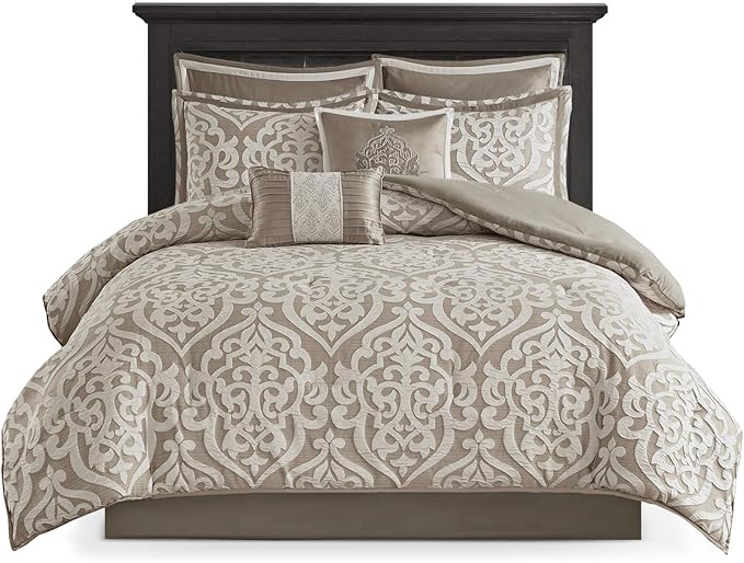 Madison Park Odette Cozy Comforter Set Jacquard Damask Medallion Design - Modern All Season, Down Alternative Bedding, Shams, Decorative Pillow, King(104 in x 92 in), Tan 8 Piece - LeafyLoom