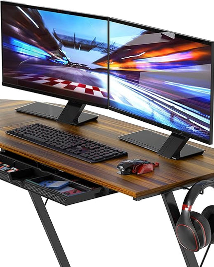 SHW Vista L-Shape Desk with Monitor Stand, Walnut - LeafyLoom
