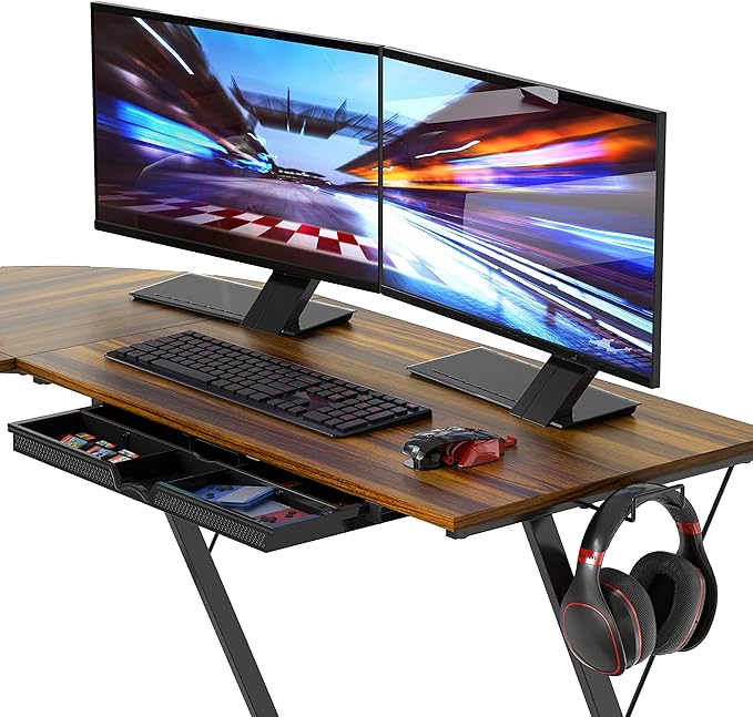 SHW Vista L-Shape Desk with Monitor Stand, Walnut - LeafyLoom