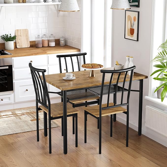 Dining Room Table Set for 4, 46.8" Kitchen Table and Chairs for 4 with Storage Rack, Rustic Kitchen Table Set Metal and Wood Rectangular Dining Table for Breakfast Nook, Kitchen, Living Room - LeafyLoom