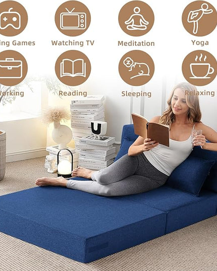 Convertible Folding Sofa Bed - Sleeper Chair with Pillow, Modern Linen Fabric Floor & Futon Couch, Foldable Mattress for Living Room/Dorm/Guest/Home Office/Apartment,Standard Size, Navy Blue - LeafyLoom