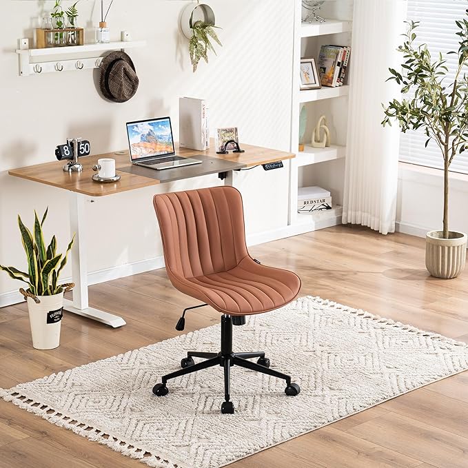 YOUNIKE Pink Office Chair Armless, PU Leather Computer Task Chair, Cute Swivel Adjustable Home Desk Chair, Small Vanity Chiar with Wheels Mid Backrest 300LBS - LeafyLoom