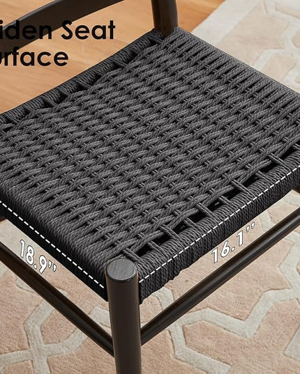 STARY Wood Rattan Dining Room Chairs Comfortable Woven Seat, Fully Assembled, Full Black - Set of 2 - LeafyLoom