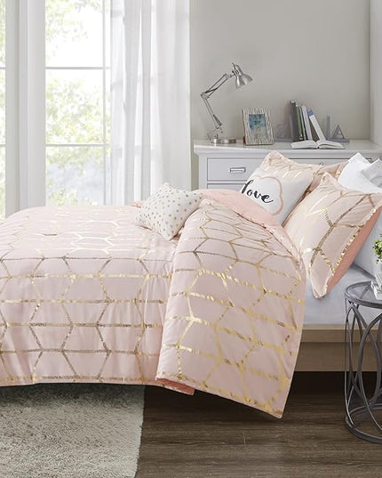 Intelligent Design Raina Comforter Microfiber Metallic Print Geometric Design Embroidered Toss Pillow Modern Trendy Casual All Season Bedding Set Matching Sham, Full/Queen, Blush/Gold 5 Piece - LeafyLoom
