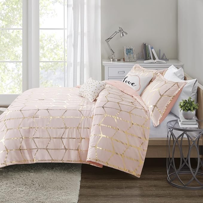 Intelligent Design Raina Comforter Microfiber Metallic Print Geometric Design Embroidered Toss Pillow Modern Trendy Casual All Season Bedding Set Matching Sham, Full/Queen, Blush/Gold 5 Piece - LeafyLoom