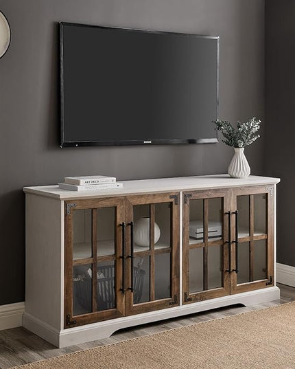 Walker Edison Modern Glass and Wood Universal TV Stand with 4 Door Storage For TV's up to 64" Flat Screen Living Room Storage Entertainment Center, 58 Inch, Rustic Oak - LeafyLoom