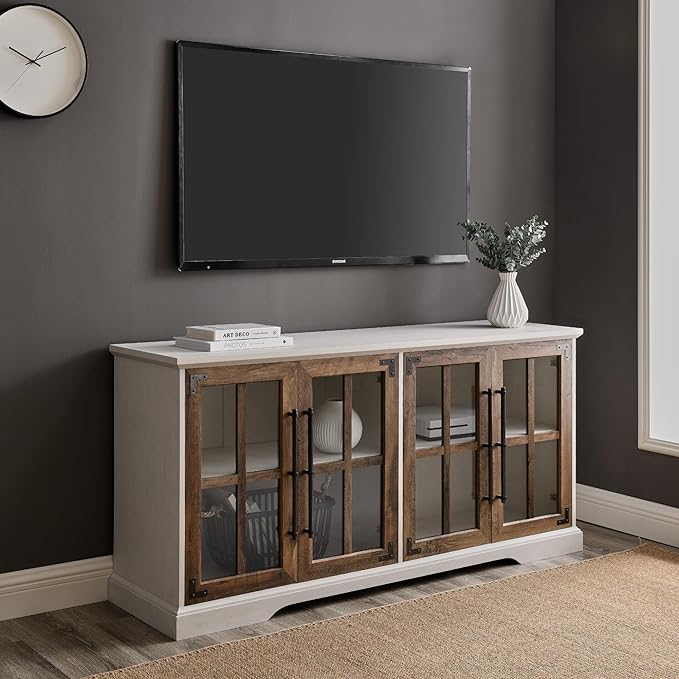 Walker Edison Modern Glass and Wood Universal TV Stand with 4 Door Storage For TV's up to 64" Flat Screen Living Room Storage Entertainment Center, 58 Inch, Rustic Oak - LeafyLoom