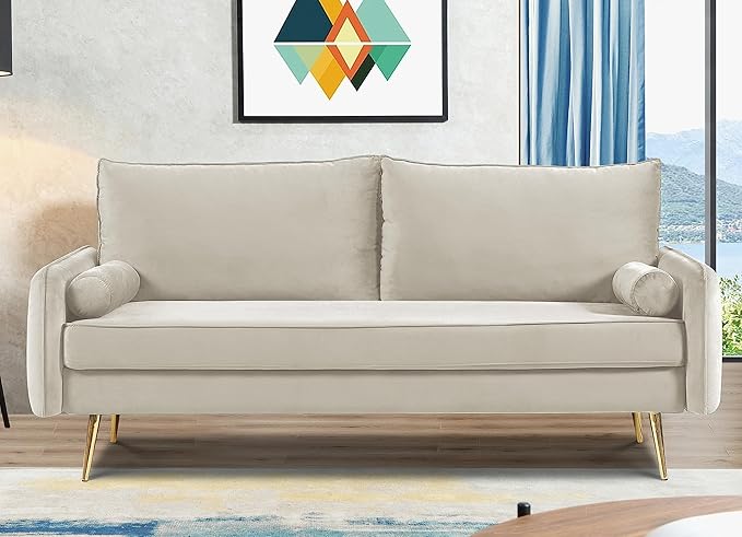 Kent Modern Sofa, European Style Velvet Living Room Furniture with Tapered Legs, Vintage Flair, and Sleek Design, Ivory - LeafyLoom
